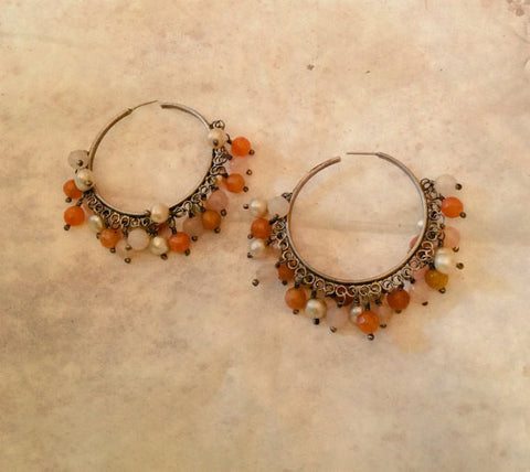 Carnelian Hoop Earrings, Pearl, Chalcedony, Dangley, Pierced, Sterling Silver