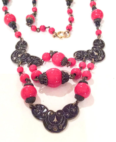 Art Deco Necklace, Red Glass Beads, Enamel, 1920s