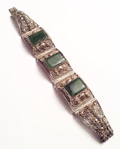 Chinese Jade Bracelet Art Deco Silver Filigree Antique Jewellery