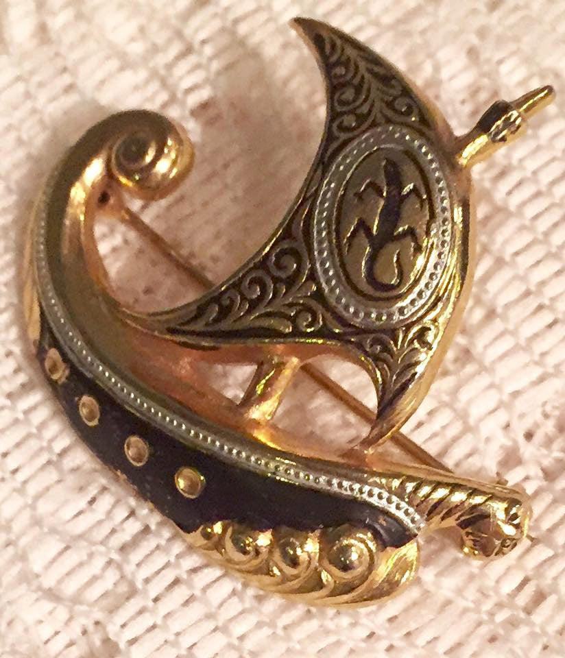 Vintage Damascene Boat Pin, Black Enamel, Scorpion 1950s