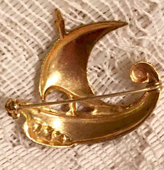 Vintage Damascene Boat Pin, Black Enamel, Scorpion 1950s