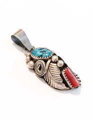 NOW SOLD Native American Pendant, Coral, Turquoise, Feather 1960s Vintage Jewelry