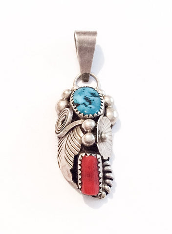 NOW SOLD Native American Pendant, Coral, Turquoise, Feather 1960s Vintage Jewelry