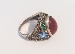 NOW SOLD Chinese Carnelian Ring with Enamel to the Sides, Sterling Silver, Vintage Jewelry