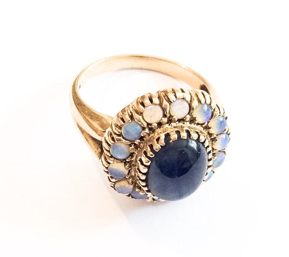 Opal Ring, Blue Sapphire Cabochon, 9K Gold, Vintage Fine Jewelry –  Ourboudoir