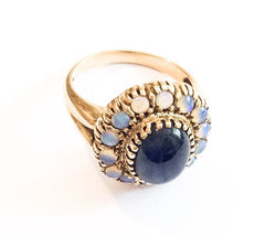 Opal Ring, Blue Sapphire Cabochon, 9K Gold, Vintage Fine Jewelry